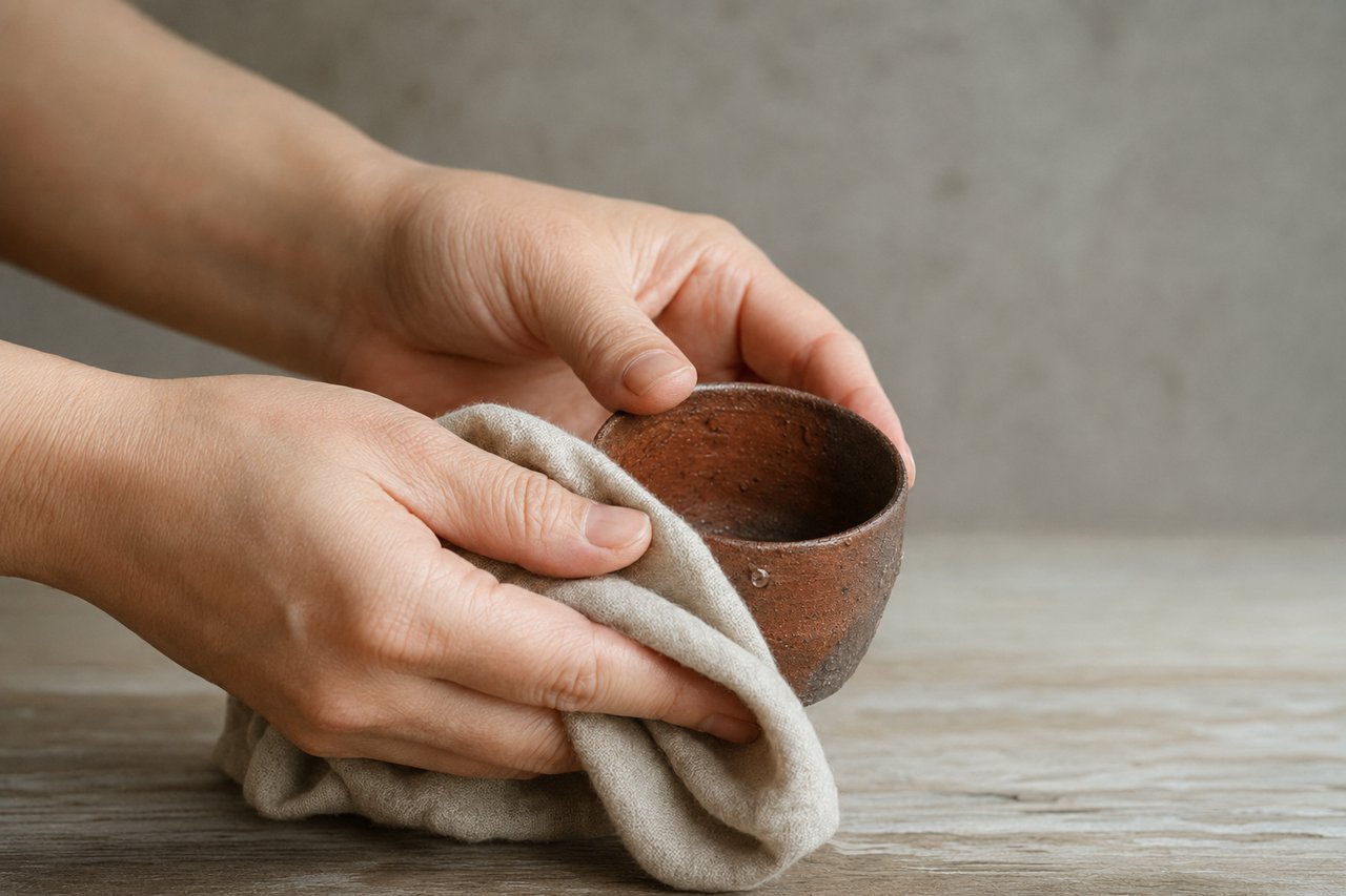 Hands drying an unglazed Bizen cup with a soft linen cloth