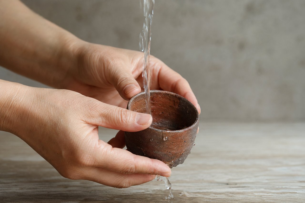Hands rinsing an unglazed Bizen cup under water before use