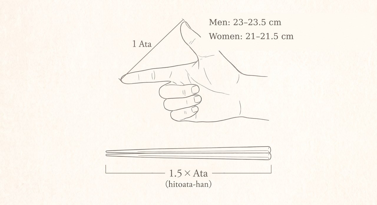 Diagram showing hitoata-han: the ideal chopstick length is 1.5 times the span between outstretched thumb and index finger, about 23 to 23.5 cm for men and 21 to 21.5 cm for women