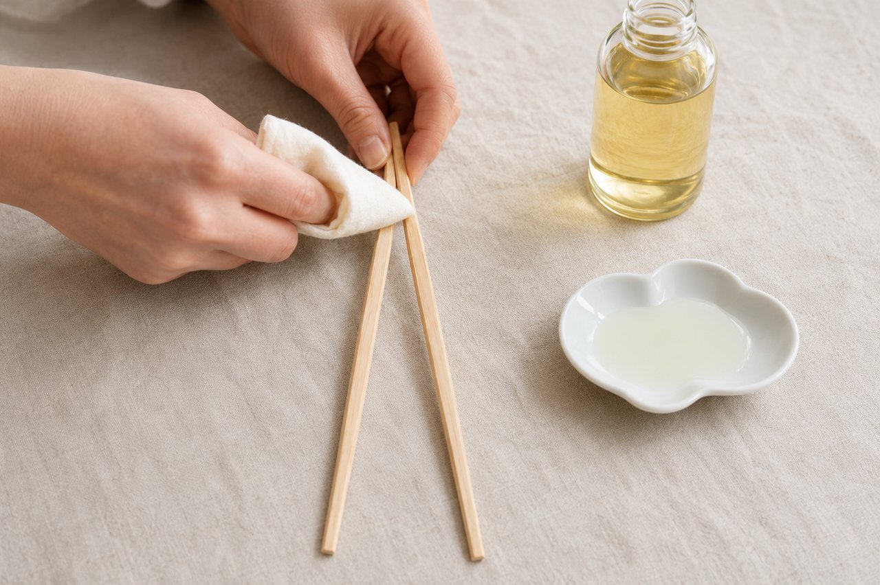 Hands wiping a pair of bare wooden chopsticks with a soft cloth, beside a small bottle of food-safe oil and a white dish