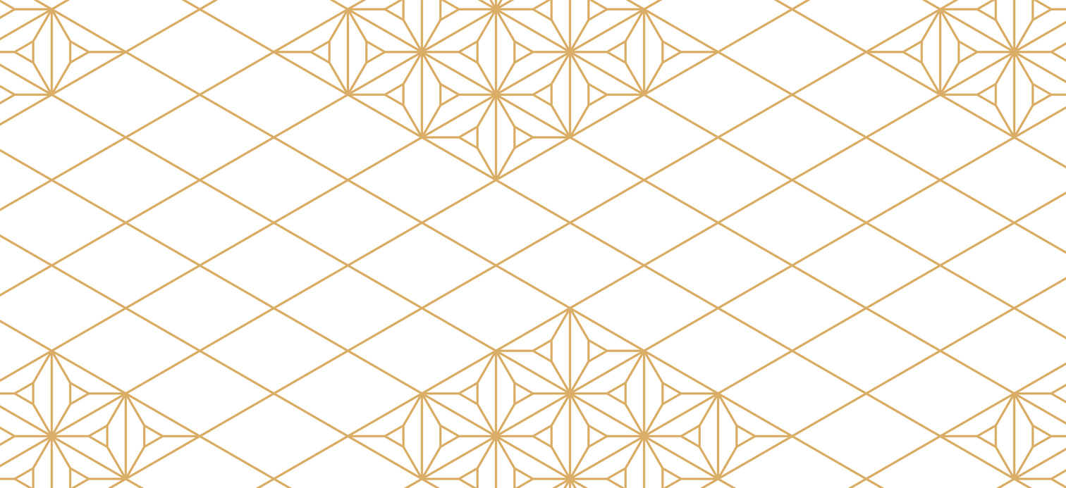 Geometric asanoha hemp-leaf pattern in fine gold lines on a white ground — six-pointed stars repeated as a quiet rhythm, the pattern stitched into a child's first cloth