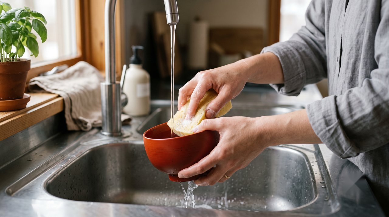 Hands gently washing a plain red lacquered bowl with a soft sponge under lukewarm water