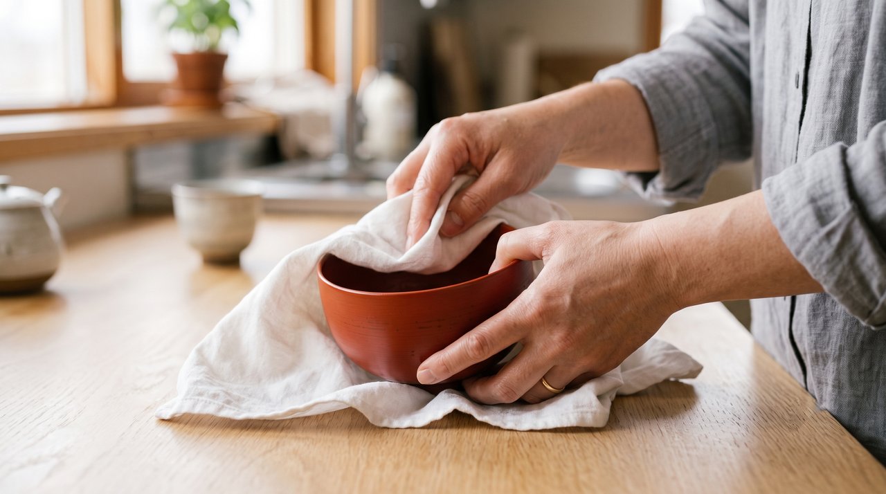 Hands drying a red lacquered bowl with a soft white cloth on a wooden kitchen table