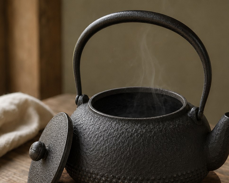 An emptied Nanbu tetsubin drying with its lid removed, faint steam rising from residual heat