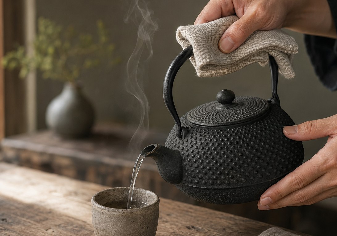 Pouring hot water from a Nanbu tetsubin into a ceramic cup