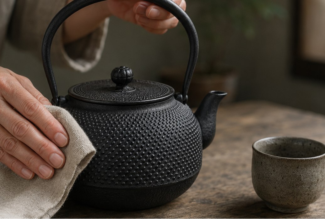 Wiping the outside of a Nanbu tetsubin dry with a linen cloth