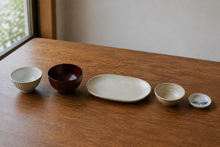 Five empty Japanese vessels in a row on a wooden table: a fluted rice bowl, a dark red lacquer soup bowl, a long oval plate, a small bowl, and a tiny dish