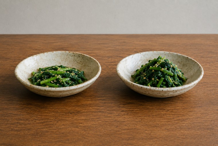 The same amount of dressed spinach in two matching bowls: on the left it lies flat across the bottom, on the right it is gathered into a small mound
