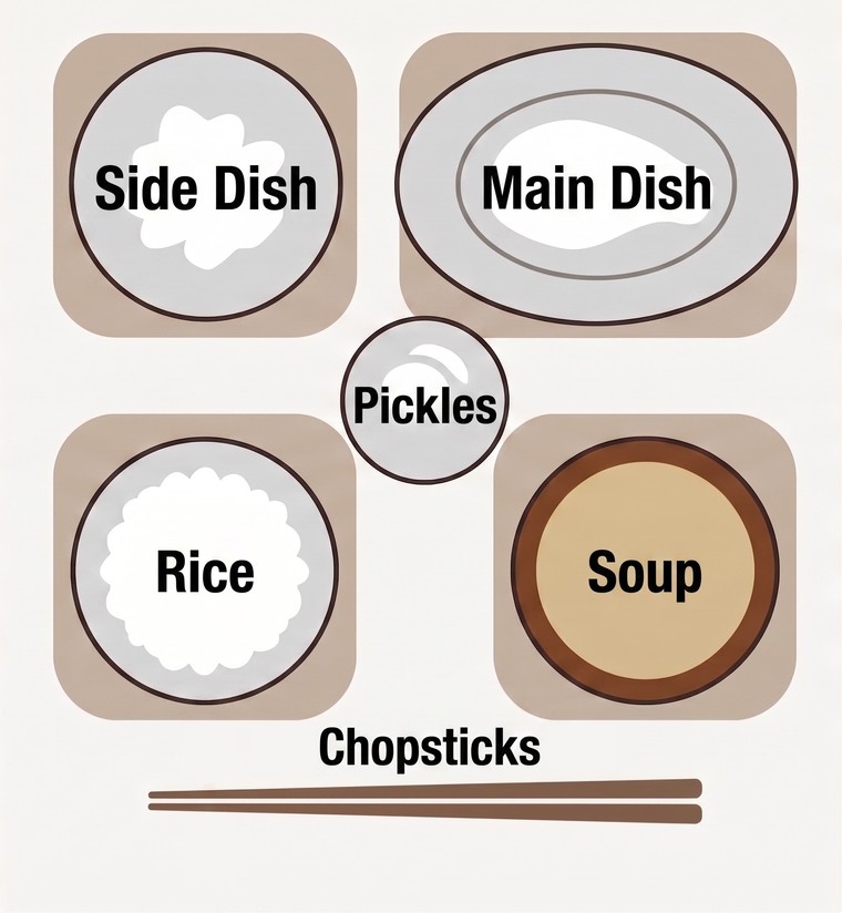A diagram of a Japanese one-person meal seen from above: rice at the front left, soup at the front right, the main dish on an oval plate at the back right, a side dish at the back left, pickles in the center, and chopsticks laid horizontally across the front with the tips pointing left