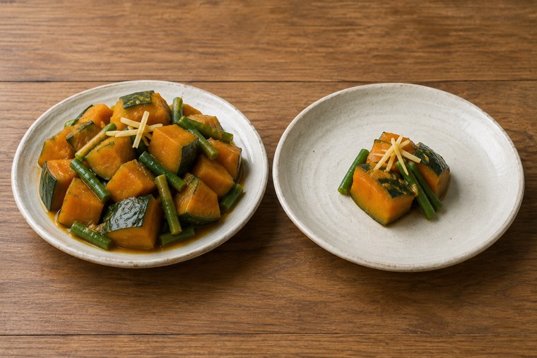 The same simmered pumpkin and green beans on two similar plates: one heaped to the rim, the other holding a few pieces with a wide margin of empty glaze around them