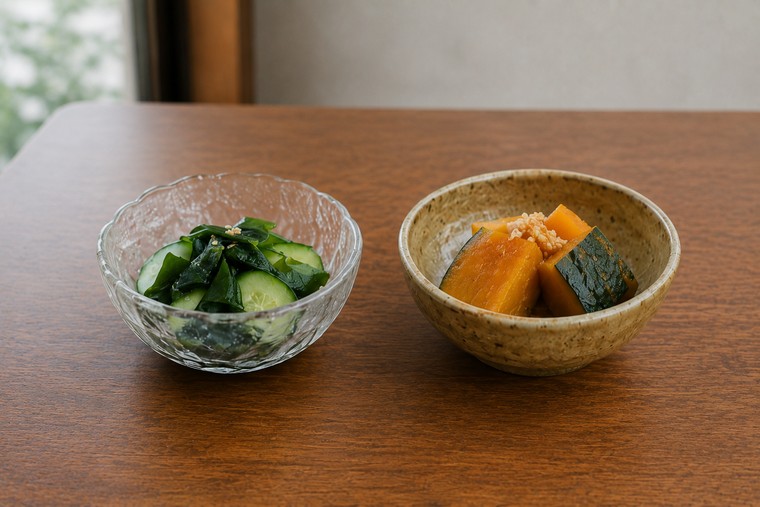 Two side dishes side by side: cucumber and wakame in a clear glass bowl, and simmered pumpkin in a warm speckled stoneware bowl