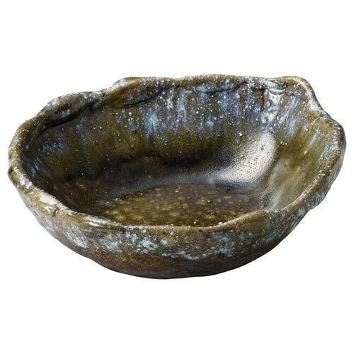 A Shigaraki-ware bowl with an irregular, kiln-warped rim and a glassy blue-green bidoro glaze pooled across olive and brown ash tones