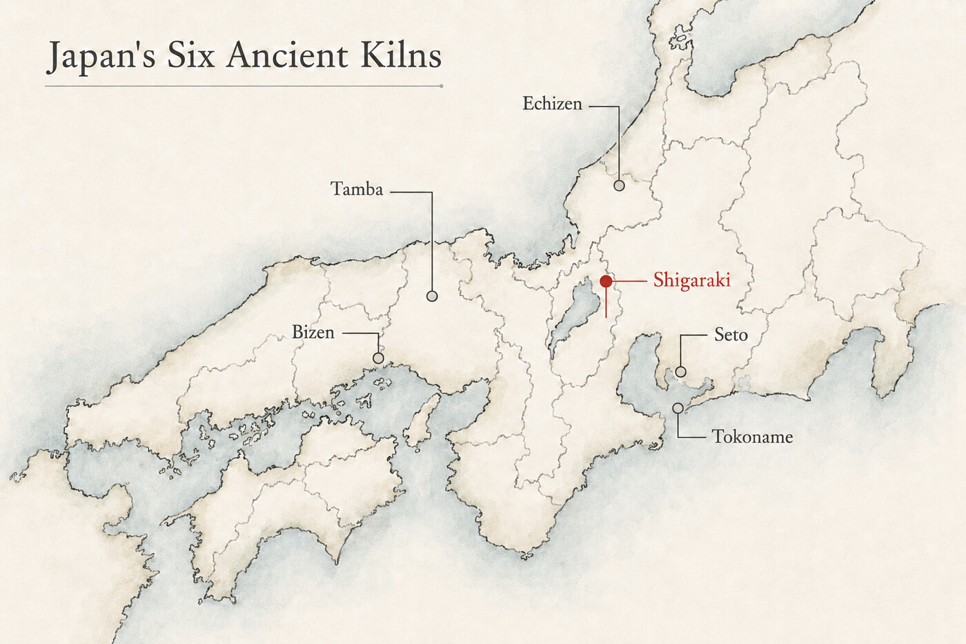 A map of Japan showing the location of Shigaraki among Japan's Six Ancient Kilns, alongside Bizen, Tamba, Echizen, Seto, and Tokoname