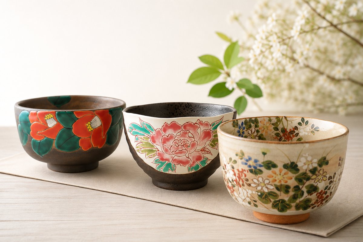 Three Japanese tea bowls painted with camellia, peony, and seasonal flowers on a linen runner with white blossoms behind