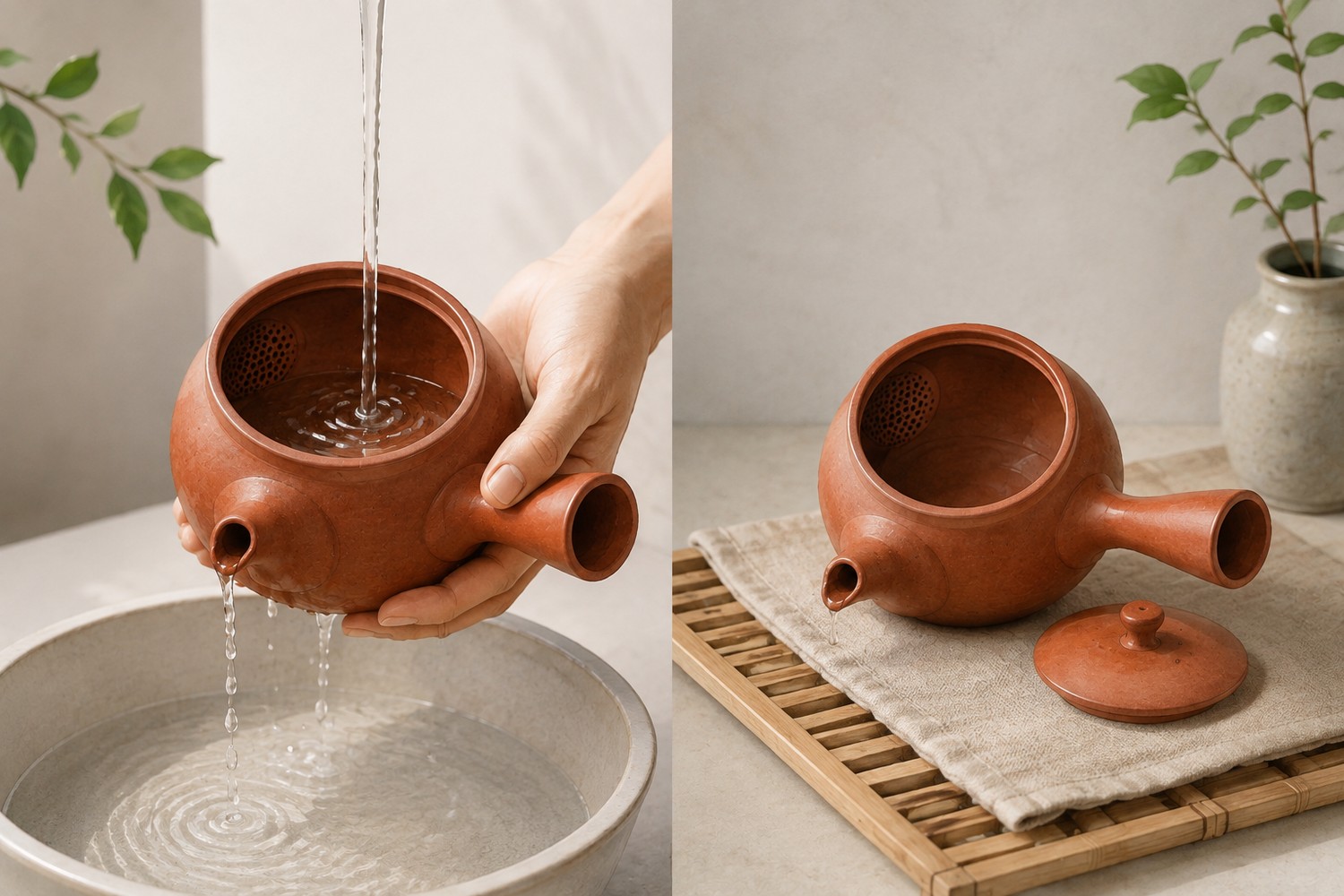 Two-panel illustration: rinsing a Tokoname teapot with water on the left, drying it lid-off on the right