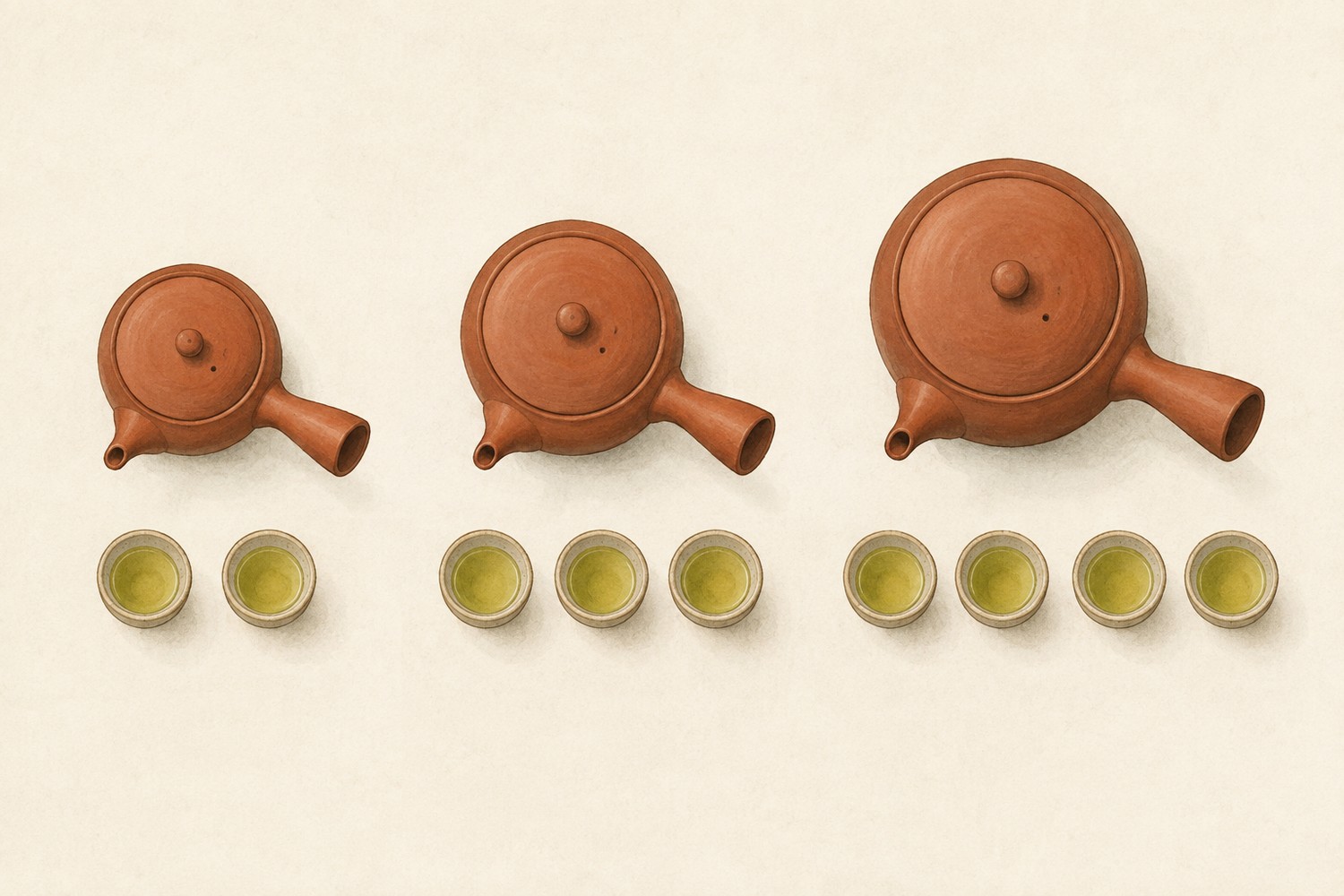 Three kyusu teapots of different sizes shown from above, each paired with the number of teacups it suits