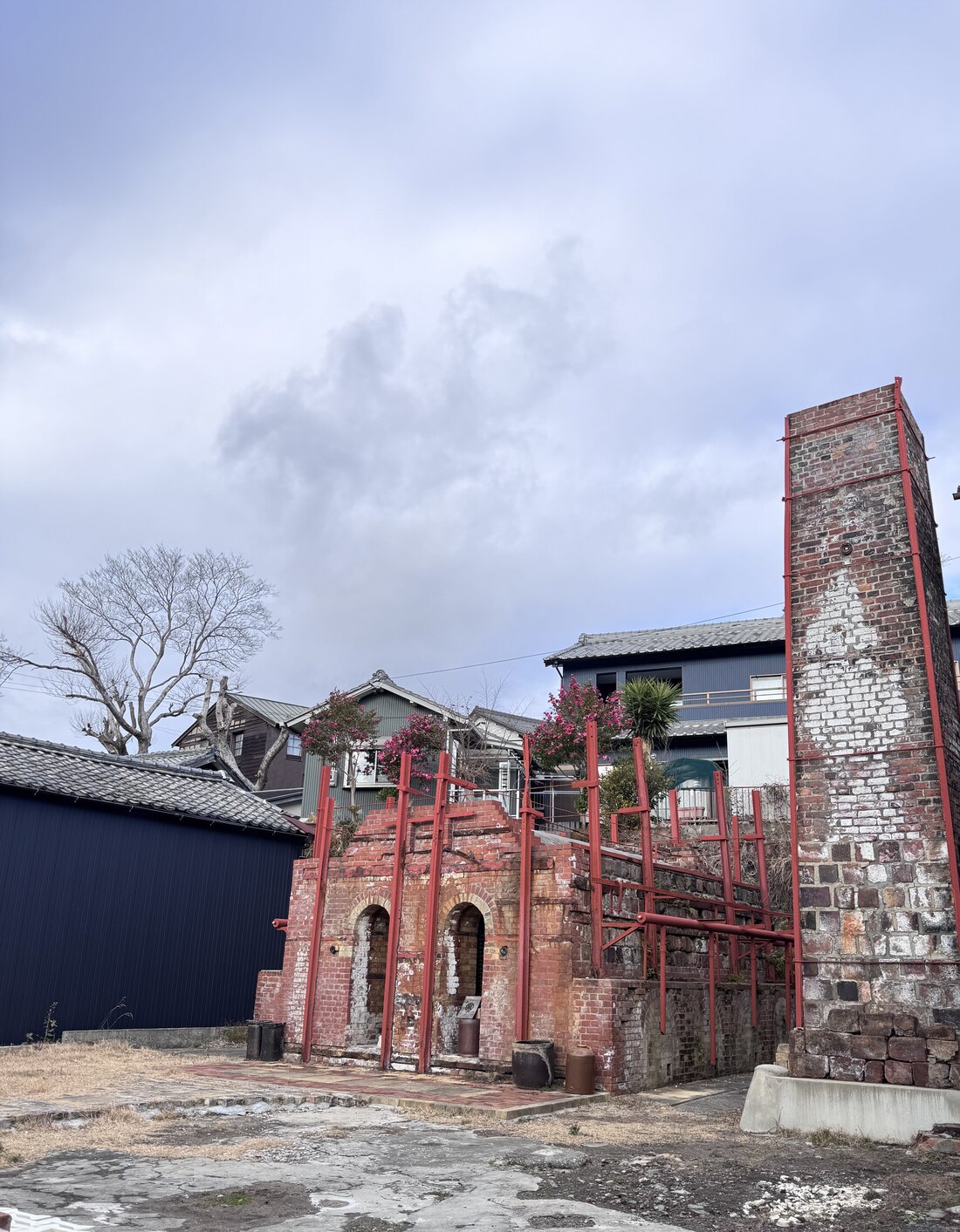 The brick remains of a Meiji-era kiln in Tokoname, preserved with steel supports