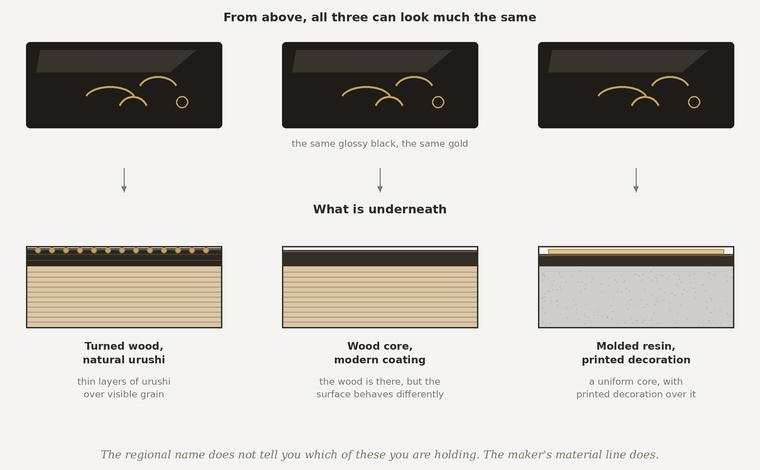 Diagram comparing three Yamanaka constructions that look alike from above: turned wood under thin layers of natural urushi, a wood core under a single modern coating, and a molded resin core with printed decoration