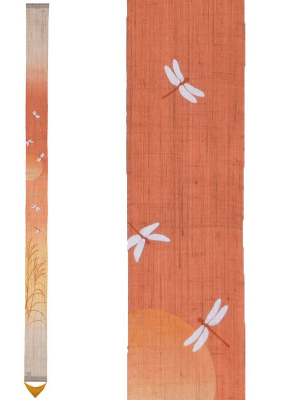 Japanese tapestry with white dragonflies over orange sunset