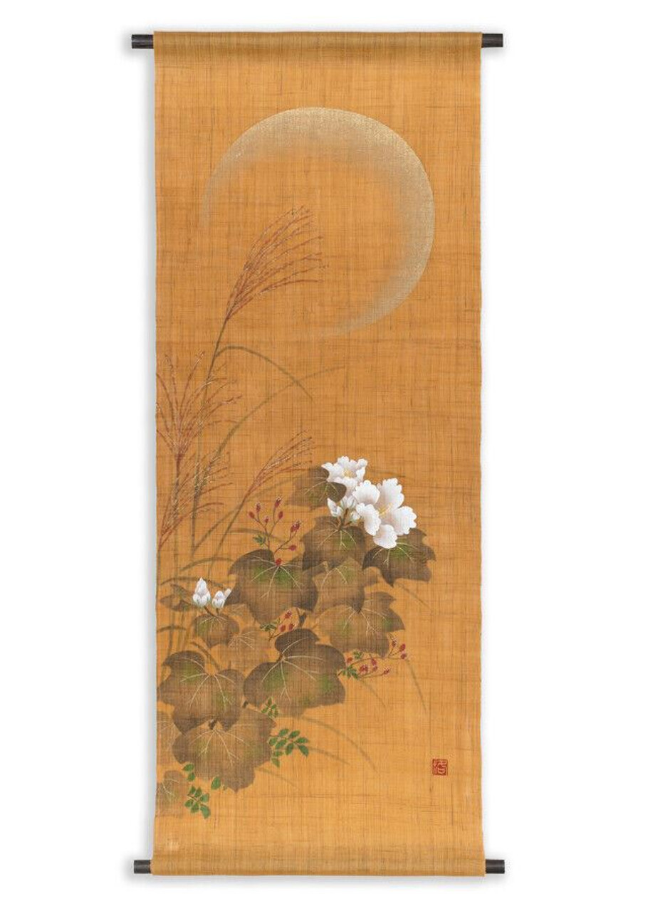 Japanese tapestry with autumn anemone flowers and a golden moon