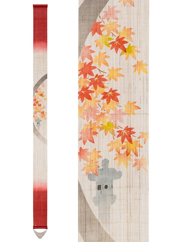 Japanese tapestry with maple leaves and stone lantern