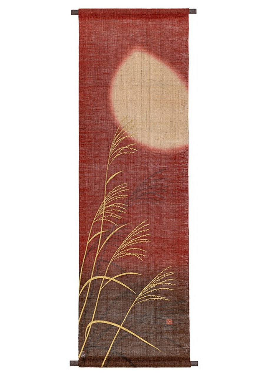 Japanese tapestry with full moon and pampas grass on red ground