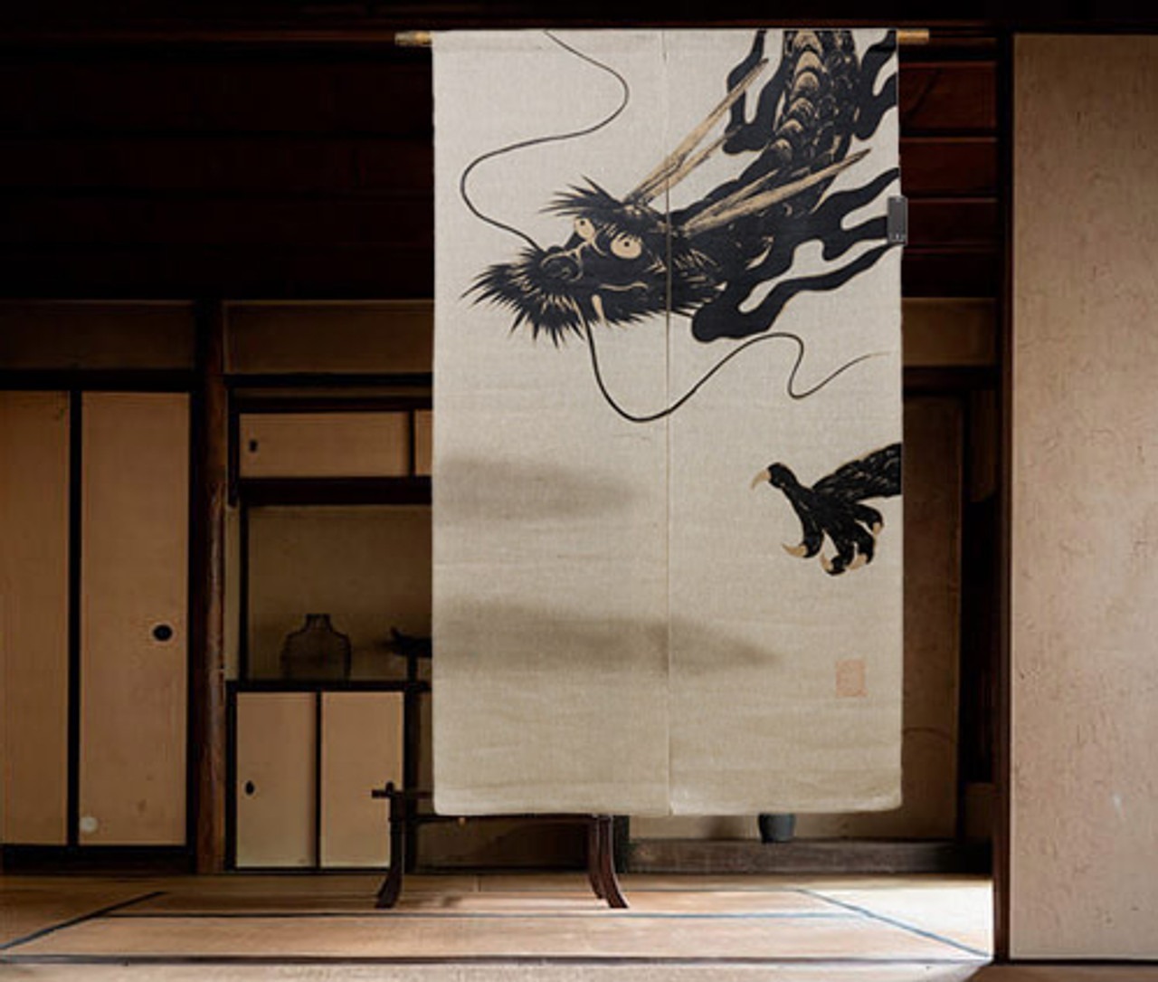 Linen noren curtain with ink-style dragon artwork