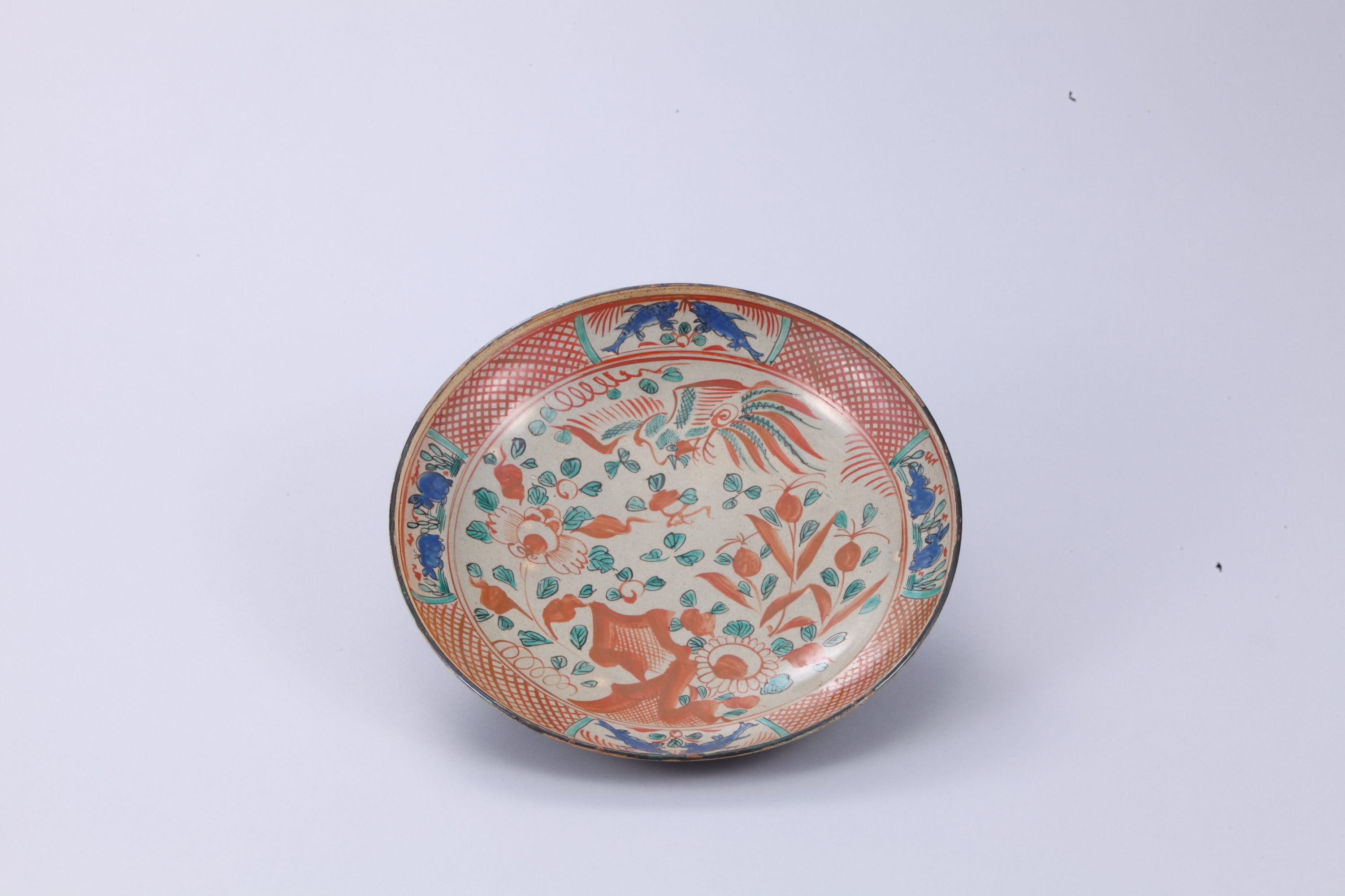 Ko-Kutani large plate in Aka-e style with birds-and-flowers