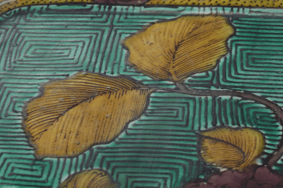 Ko-Kutani square bowl with hydrangea and melon motifs demonstrating even dami color fields